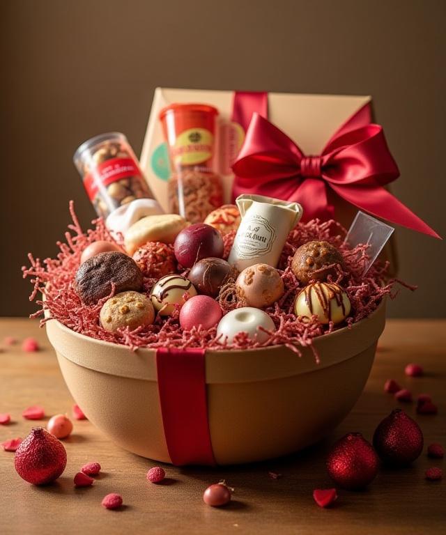 En smukt indpakket gavekurv fyldt med et udvalg af slik og chokolade.